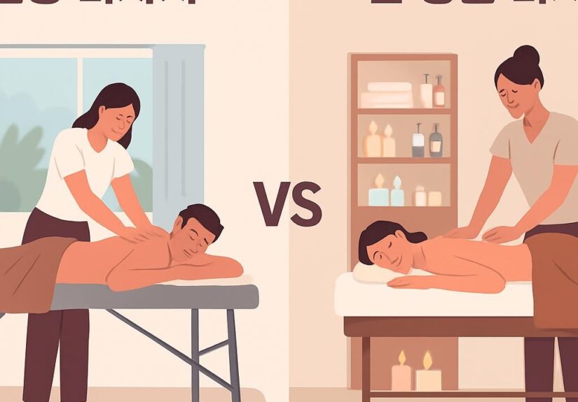 출장 마사지 vs 샵 방문 마사지 장단점 비교하는 이미지